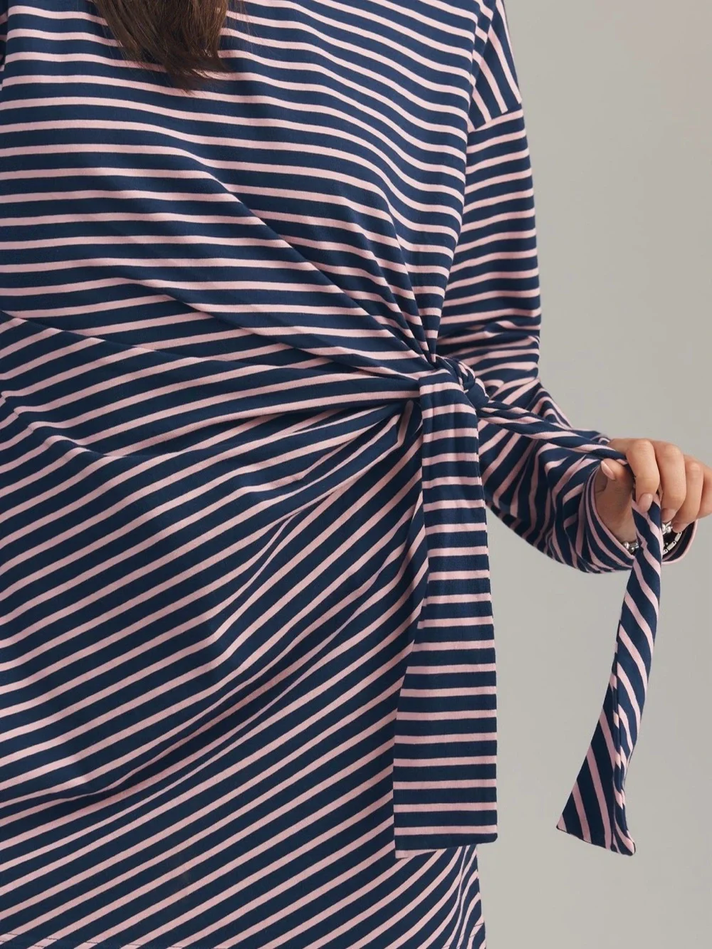 Striped Navy & Light Pink Tie-Waist Knit Dress - Picture 2 of 5